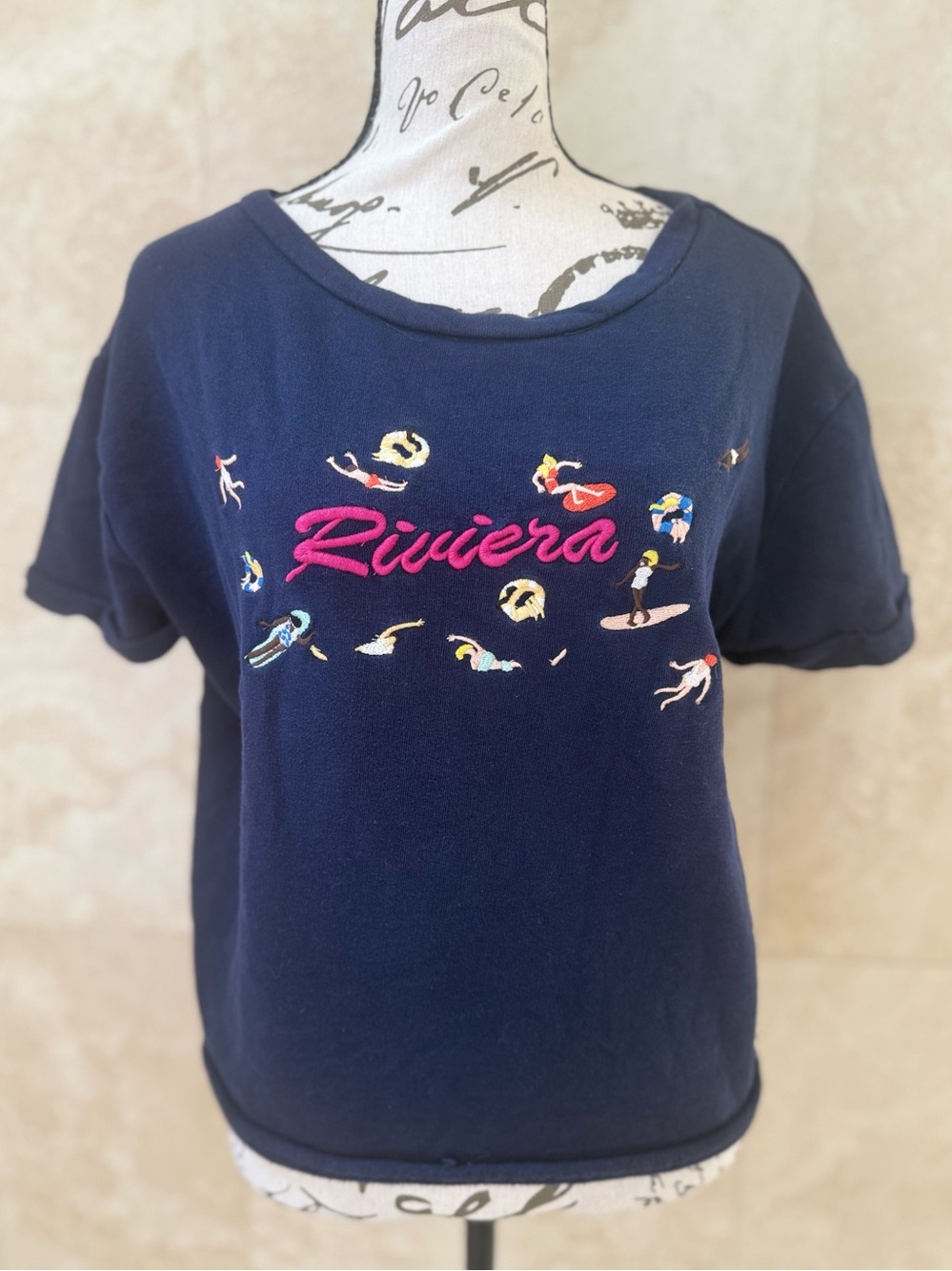 Maeve Anthropologie S Riviera Embroidered Short Sleeve Sweatshirt Blue Cotton